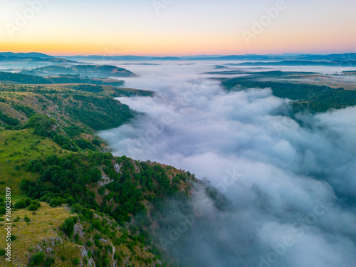Morning mist over meanders of Uvac river in Serbia
