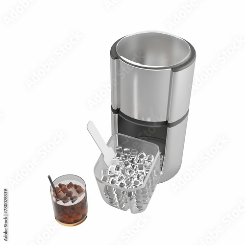 3D illustration of an ice maker with a glass of soda nearby on a white background photo