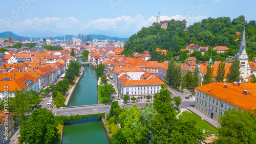 Aerial view of the Ljubljanica river and the city center of Ljub photo