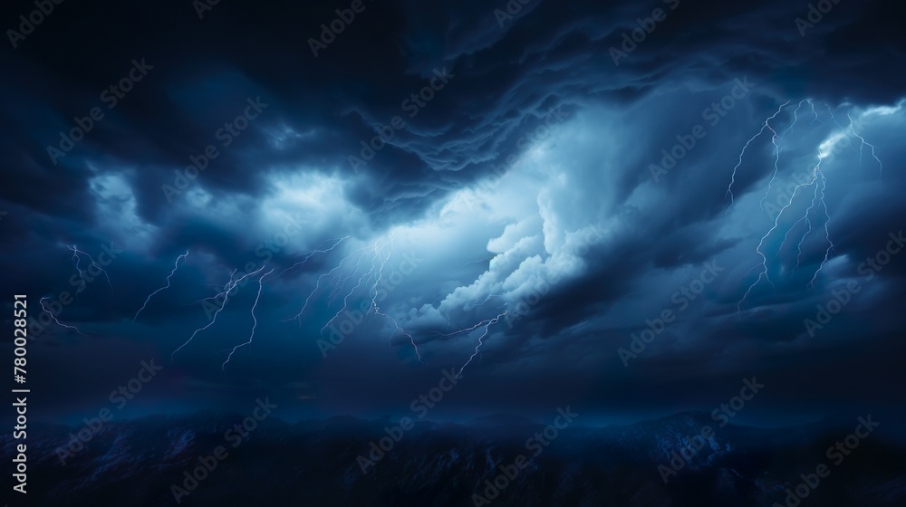 A magnificent display of nature's fury, with multiple bolts of lightning striking over a rugged, mountainous landscape under a tempestuous sky