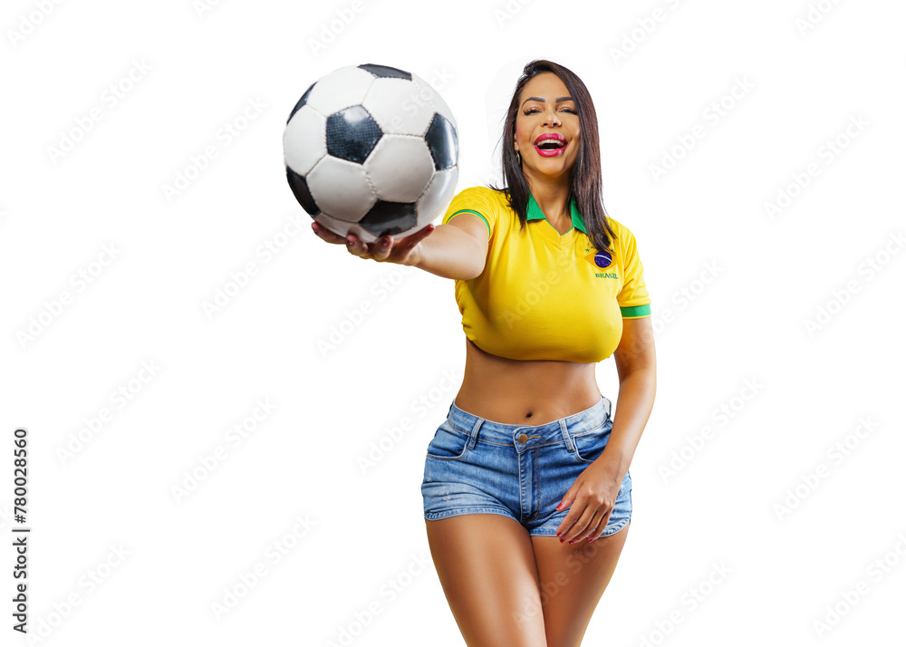 Obraz premium Portrait of beautiful smiling brazilian girl with soccer ball, isolated on free png background.
