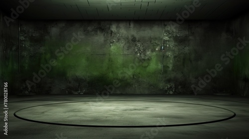 A dark, moody image featuring a central circular mark on the ground in a room with green mold-covered walls