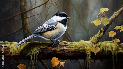 A serene chickadee on a mossy branch, set against a foggy backdrop, capturing the quiet stillness of nature