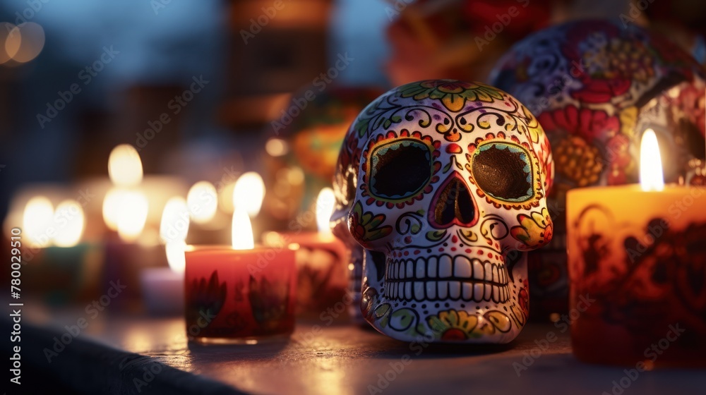 An otherworldly scene featuring a sugar skull, candles, and a backdrop of darkness, embodying the spirit of Mexican tradition. An otherworldly scene featuring a sugar skull, candles, and a backdrop of darkness, embodying the spirit of Mexican tradition.