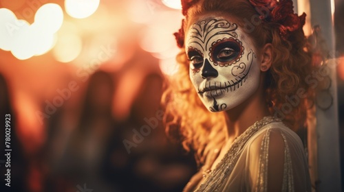 Romantic horror in a portrait-a girl with sugar skull makeup at the Mardi Gras festival, celebrating in black and red elegance.