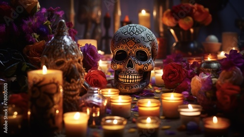 Mardi Gras magic on display-a sugar skull adorned altar, candles flickering in celebration of life and death.