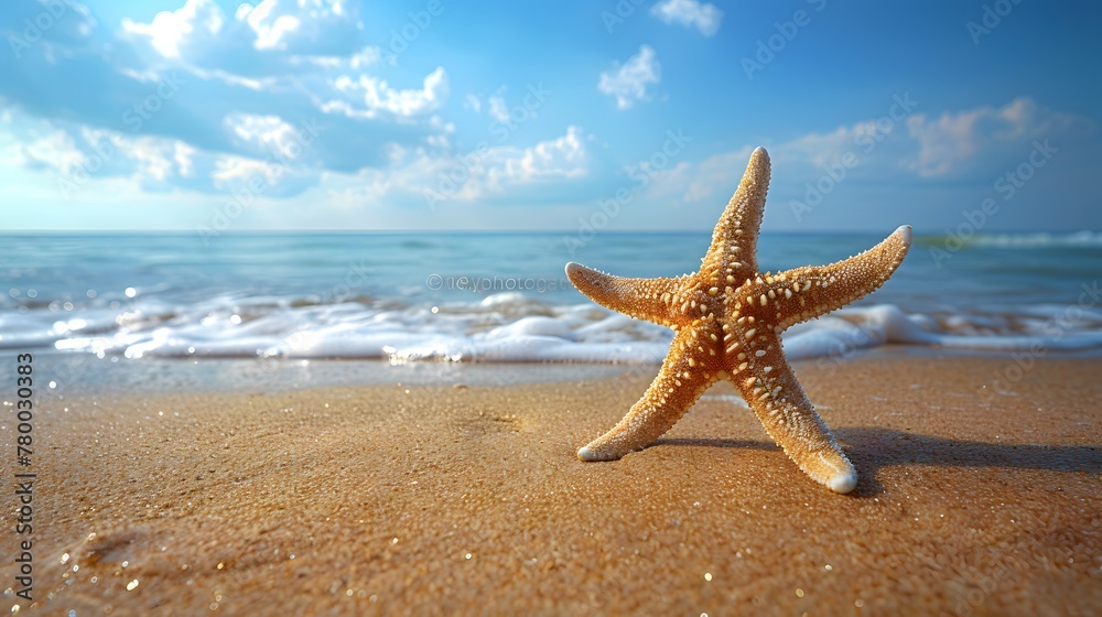 Starfish Resting on Sandy Beach, Ocean Background.. Generative AI