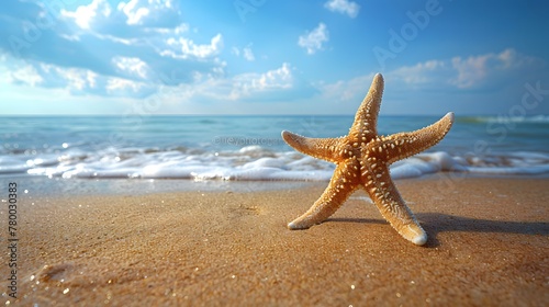Starfish Resting on Sandy Beach  Ocean Background.. Generative AI