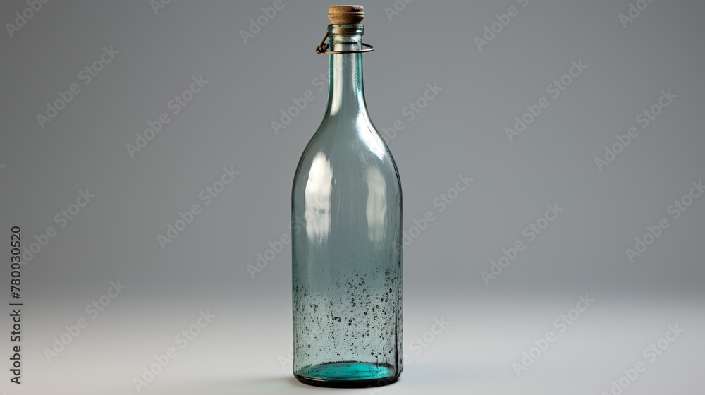 Fototapeta premium A 60-character antique-style turquoise glass bottle with tiny bubbles, placed against a seamless gray backdrop
