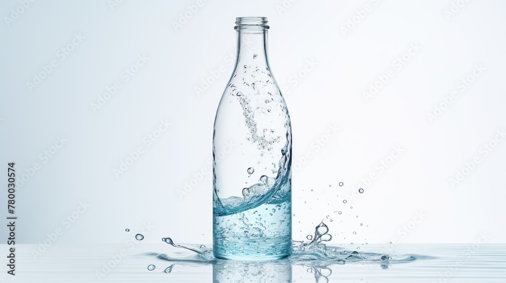 A sleek water bottle with swirling water inside, captured on a reflective surface for a clean and refreshing feel A sleek water bottle with swirling water inside, captured on a reflective surface for a clean and refreshing feel
