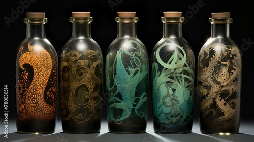 Artistic image showcasing a collection of five ornate bottles, each adorned with unique mythical creature motifs