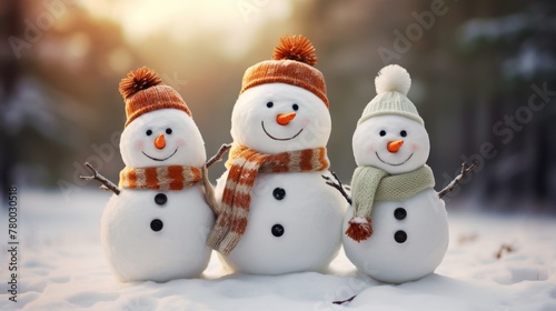 Whimsical snowmen gather in the snow, creating a delightful winter tableau. © ProPhotos