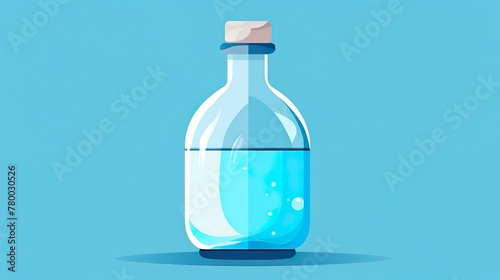A modern stylized illustration of a clear water bottle filled with blue liquid and playful bubbles against a soft blue background