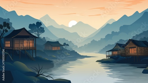 Mountain charm: a picturesque drawing of a river winding through majestic mountains, with small houses dotting the landscape.