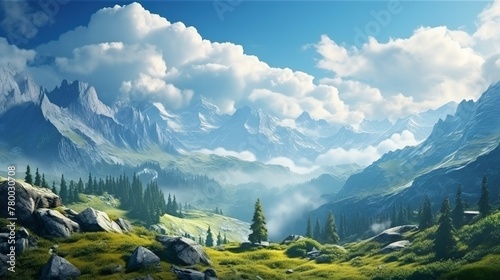 Serene landscape of a green valley with vibrant grass, set against a majestic mountain range and clear blue sky