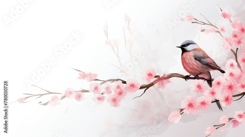 Elegant bird perched on blossoming branch, soft pink cherry blossoms, tranquil nature scene in watercolor, holiday valentines day.