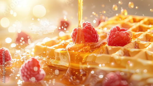 Belgium waffles breakfast with fresh raspberries and maple syrup jet with splashes and drops floating in the air Food photography