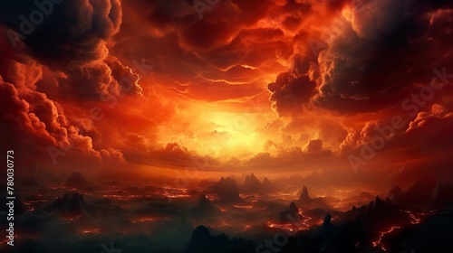 A powerful image capturing a vivid sunset illuminating clouds above a volcanic terrain, symbolizing unpredictability