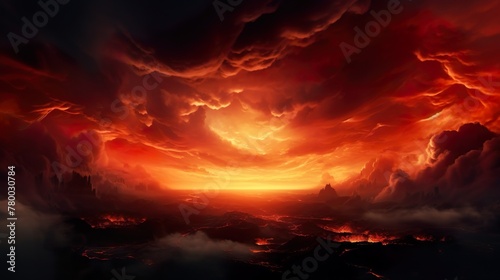 The intense heat of a molten landscape under a dark, fiery sunset sky conveys a feeling of drama and danger