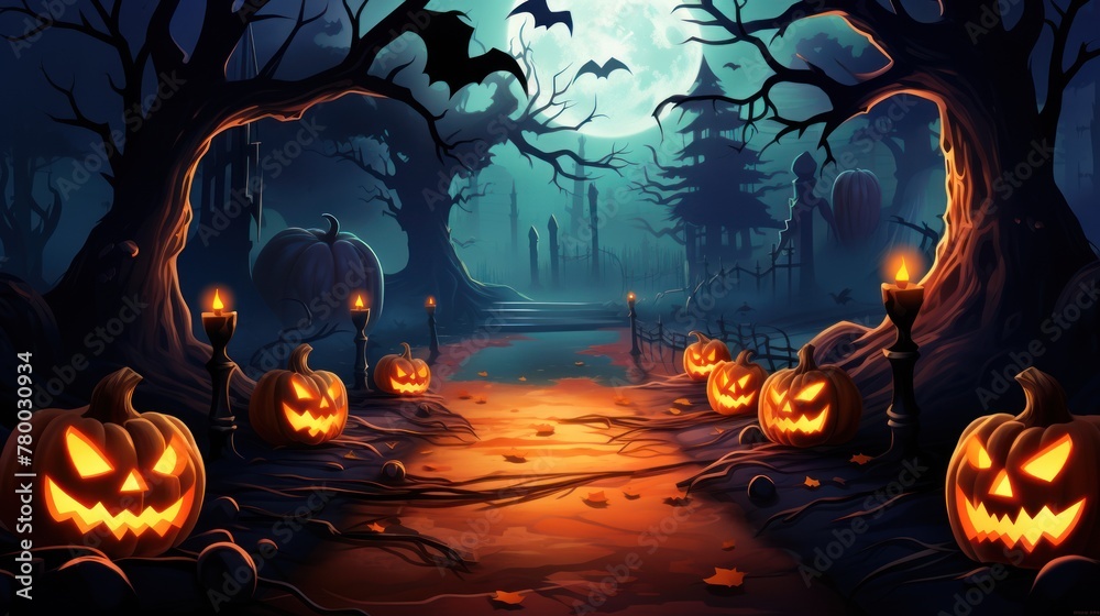 The spirit of Halloween is vivid in this handmade drawing, depicting a misty road to a cemetery, adorned with burning pumpkins and eerie trees.