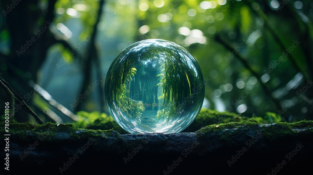 This tranquil image features a clear crystal ball on a mossy surface with a vivid reflection of the surrounding green forest and sky