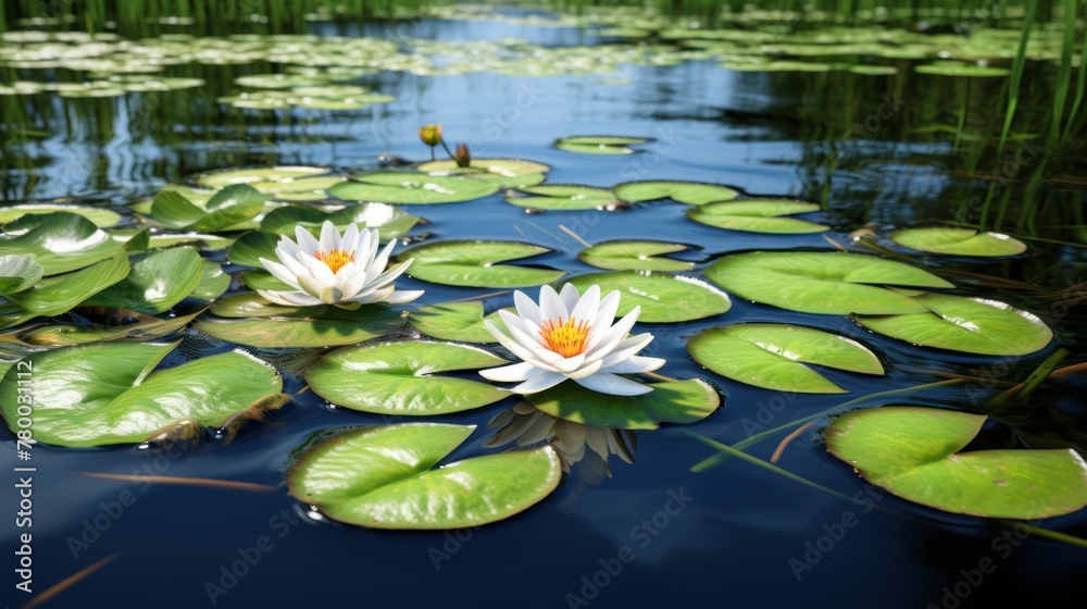 Nature comes alive with the elegance of water lilies decorating the calm waters of the pond. Nature comes alive with the elegance of water lilies decorating the calm waters of the pond.