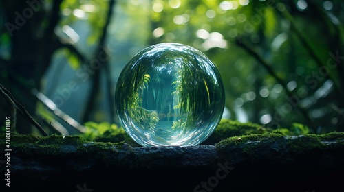 This tranquil image features a clear crystal ball on a mossy surface with a vivid reflection of the surrounding green forest and sky