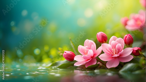 Pink lotus flowers in full bloom daintily float on calm waters against an ethereal blue backdrop photo