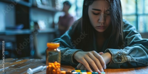 Anti drug, drug addict asian young woman, girl hand reaching for syringe, medicament with narcotic on table at home, abuse overdose. photo