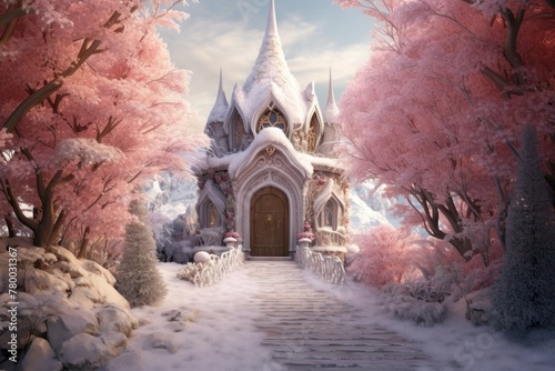 Amidst a snowy embrace, a fairy-tale house stands, creating a serene winter day in a picturesque forest.