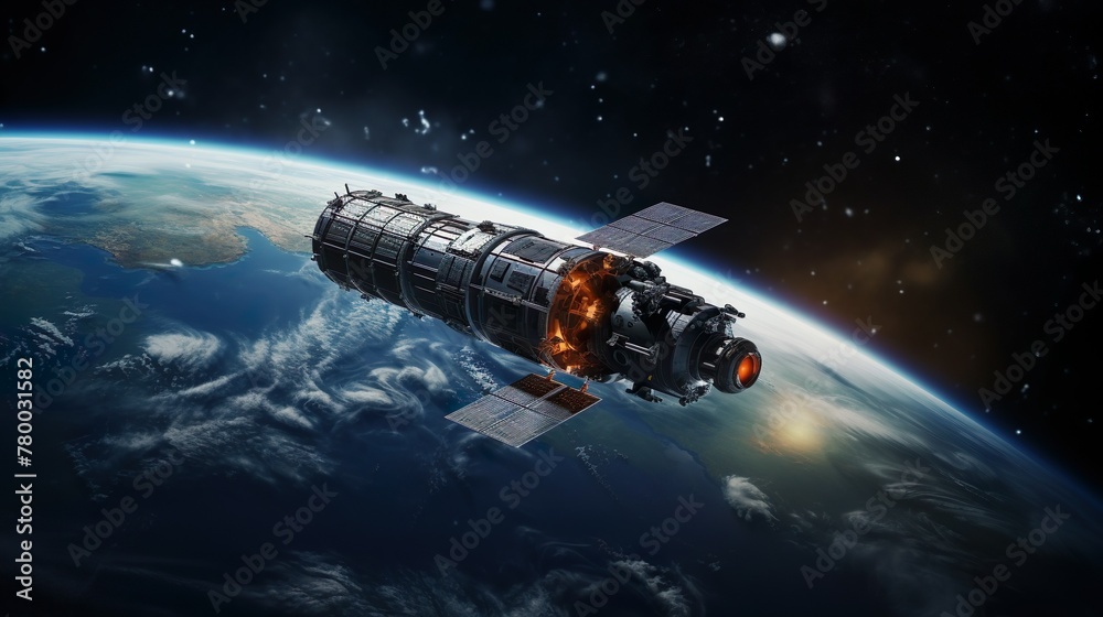 A visually striking depiction of a damaged high-tech spacecraft orbiting above a lush green planet