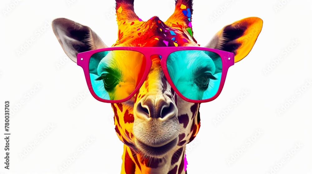 A vibrant digital art piece featuring a giraffe wearing funky sunglasses, evoking a fun and contemporary mood A vibrant digital art piece featuring a giraffe wearing funky sunglasses, evoking a fun and contemporary mood