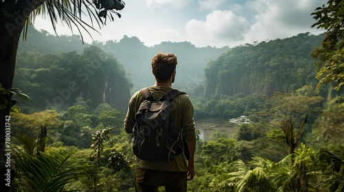 A male adventurer looks out onto a dense, green jungle landscape from a raised perspective, contemplating nature photo