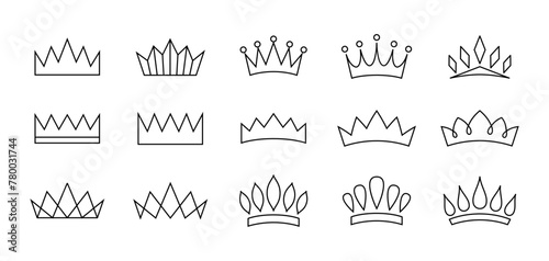 Vector set of linear crowns isolated on white background. Outline crown pictogram collection for mobile app and web site design