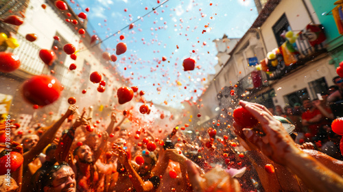 Exuberant crowd enjoying La Tomatina festival photo