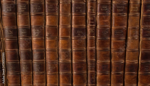 Rows of aged leather-bound books line a shelf, each spine telling a story of wisdom accrued over the years, ideal for historical themes.