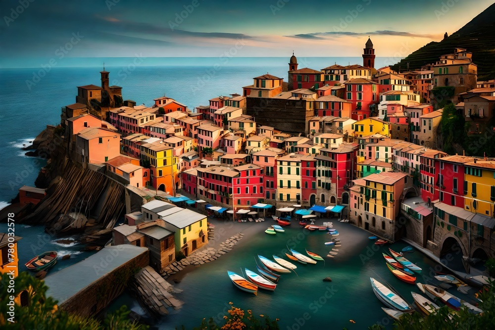 A cinematic shot of Vernazza village at golden hour, with its vibrant houses and tranquil sea, captured in full ultra HD resolution