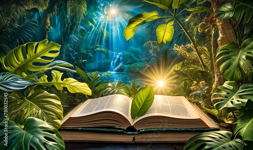 Open Book in Magical Jungle. Knowledge and Nature. Waterfall Oasis Emerging from Storybook. Imagination and Escape Concept