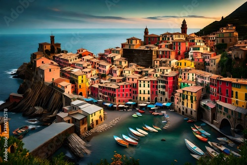 A cinematic shot of Vernazza village at golden hour, with its vibrant houses and tranquil sea, captured in full ultra HD resolution photo