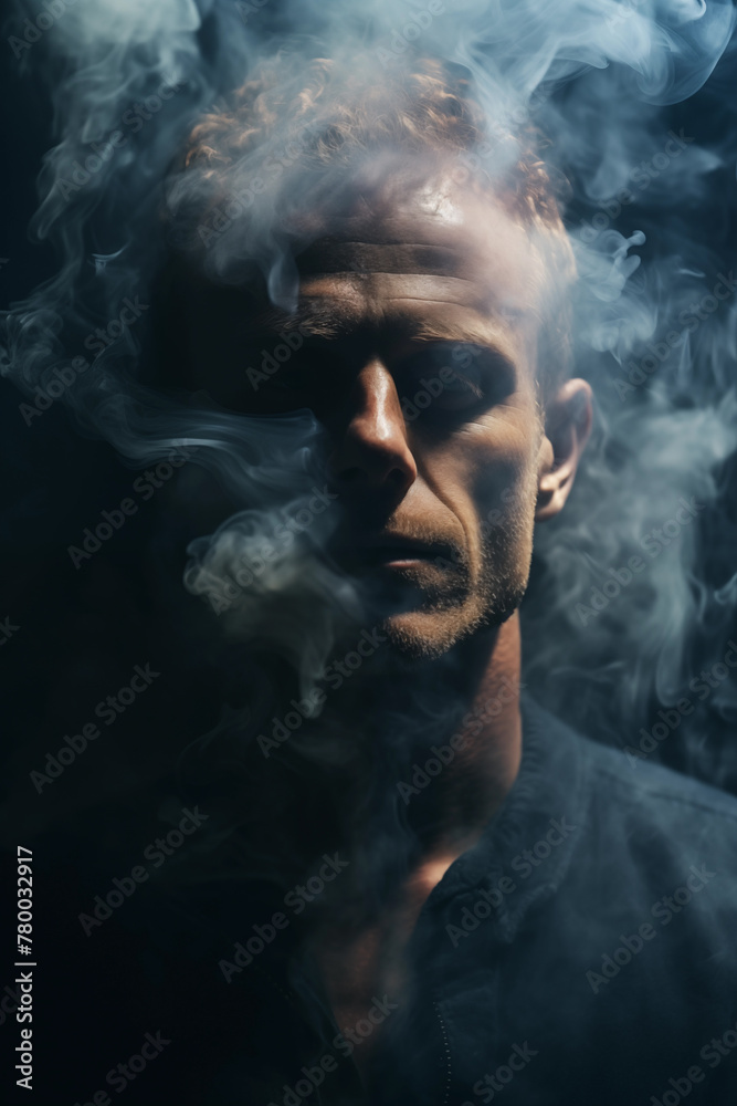 Portrait of a man fading and dissolving into the smoke dark background. Closed eyes. Praying and supernatural mood. Ghostly. Also related to melancholy, heartache, isolation, solitude, misery Portrait of a man fading and dissolving into the smoke dark background. Closed eyes. Praying and supernatural mood. Ghostly. Also related to melancholy, heartache, isolation, solitude, misery