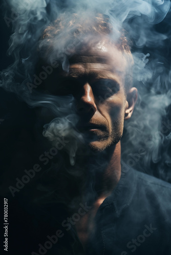 Portrait of a man fading and dissolving into the smoke dark background. Closed eyes. Praying and supernatural mood. Ghostly. Also related to melancholy, heartache, isolation, solitude, misery