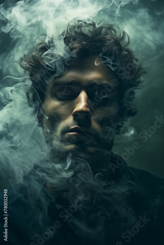 Portrait of a man fading and dissolving into the smoke dark background. Closed eyes. Praying and supernatural mood. Ghostly. Also related to yearning, discouraged, stifled, heart rending, unmended