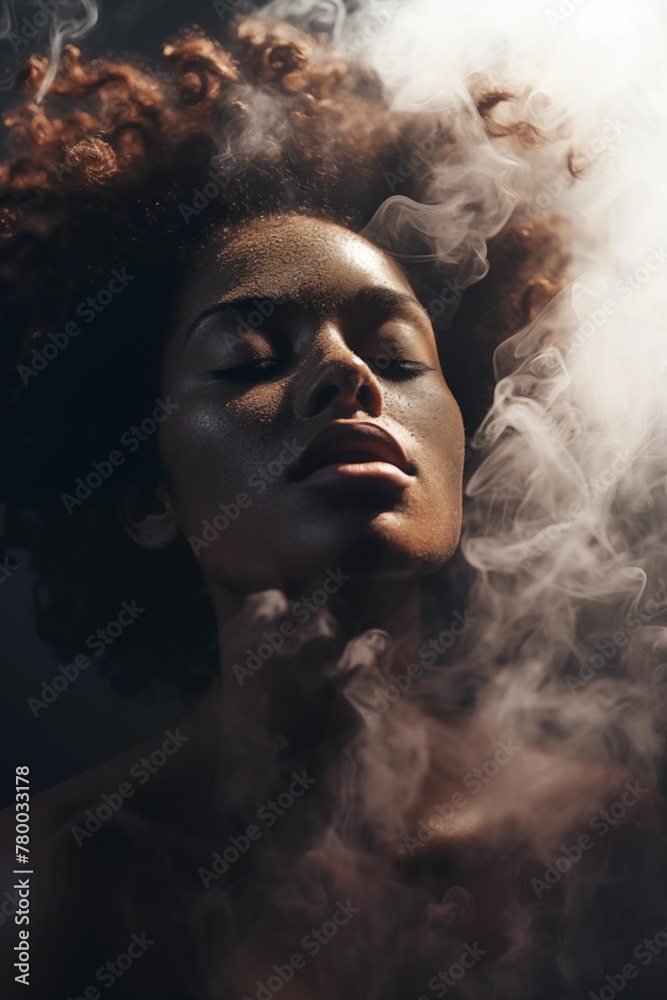 Portrait of a black woman fading and dissolving into the smoke dark background. Closed eyes. Praying and supernatural mood. Ghostly. Also related to emptiness, heavy hearted, unwanted, isolation
