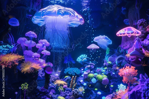 Surreal marine landscape pulsating with glowing sea creatures and intricate coral ecosystems in an otherworldly underwater realm.