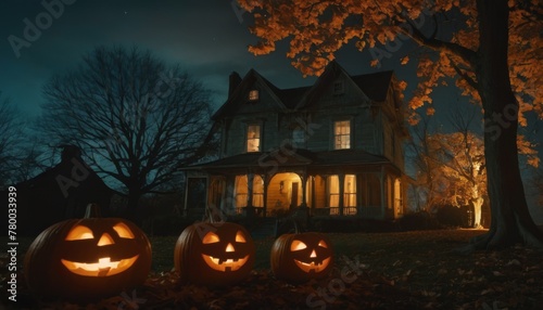 Spooky Victorian house illuminated by jack-o'-lanterns under night sky, ideal for Halloween-themed projects.