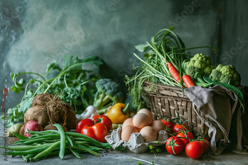 Freshly harvested vegetables and farmfresh eggs displayed in a rustic basket on a wooden table against a white wall