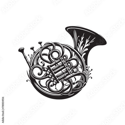 Symphony in Brass: Detailed French Horn Silhouette Illustration, Accompanied by Minimal Vector Rendering, French Horn Illustration - Minimallest French Horn Vector
