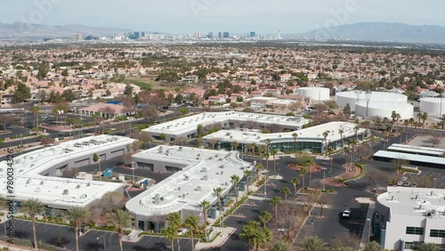 Aerial shot of Henderson Las Vegas suburbs with city skyline in background 