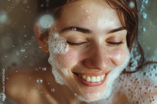 Beautiful beauty wellness relaxing closed eyes woman foam on face enjoying spa center treatment with bubbles flying around, light background.