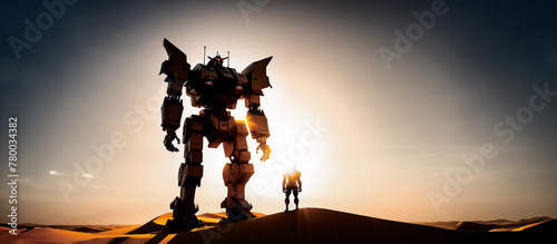 illustrazione di sagoma di possente robot meccanico, mecha, e pilota fermi tra le dune di un deserto con sole alle spalle photo